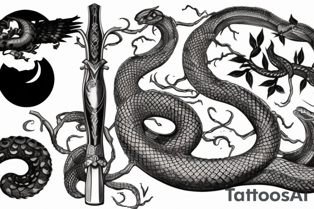 serpent and ivy on the sword 
raven in front of the moon tattoo idea