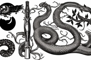 serpent and ivy on the sword 
raven in front of the moon tattoo idea