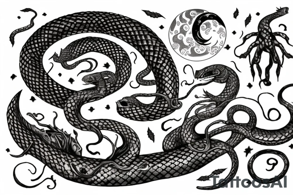 serpent and ivy on the sword 
raven in front of the moon tattoo idea