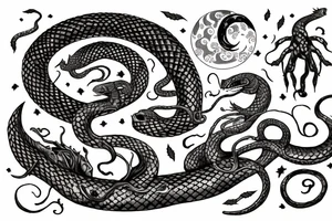 serpent and ivy on the sword 
raven in front of the moon tattoo idea