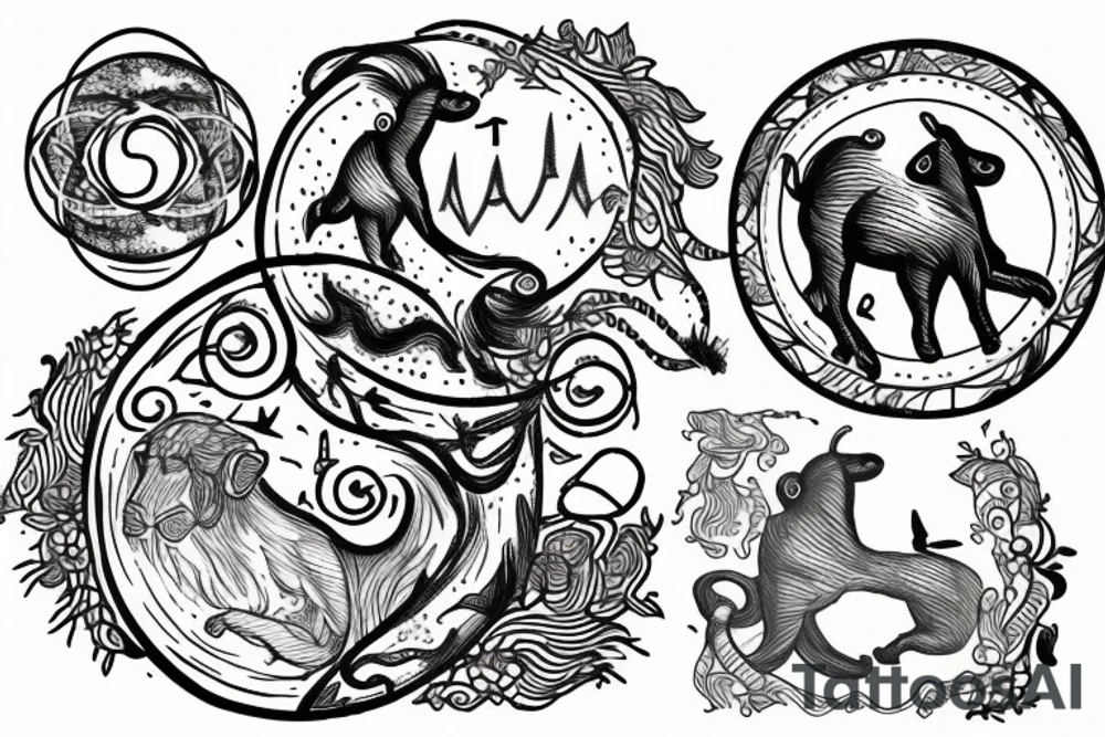 draw a tattoo with delicate lines where you can see the relationship of the universe with nature and my zodiac sign, which is aries. tattoo idea