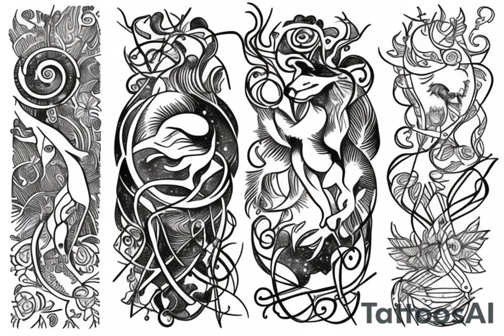 draw a tattoo with delicate lines where you can see the relationship of the universe with nature and my zodiac sign, which is aries. tattoo idea