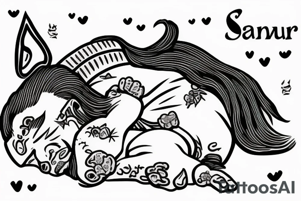 A samurai with puppy sleeping on head tattoo idea