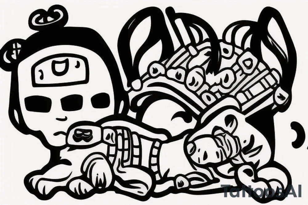 A samurai with puppy sleeping on head tattoo idea