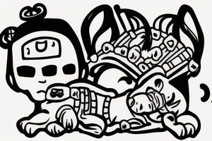 A samurai with puppy sleeping on head tattoo idea