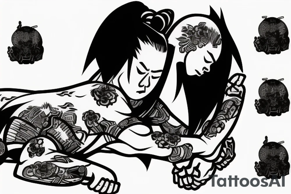 A samurai with puppy sleeping on head tattoo idea