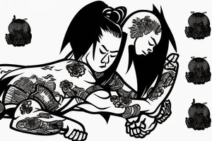 A samurai with puppy sleeping on head tattoo idea