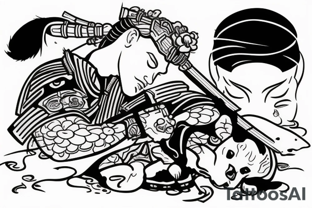 A samurai with puppy sleeping on head tattoo idea