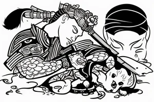 A samurai with puppy sleeping on head tattoo idea
