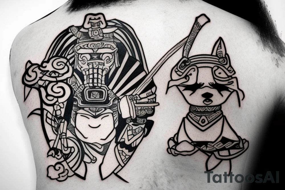 A samurai with puppy sleeping on head tattoo idea