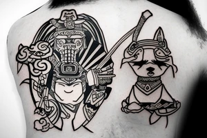 A samurai with puppy sleeping on head tattoo idea