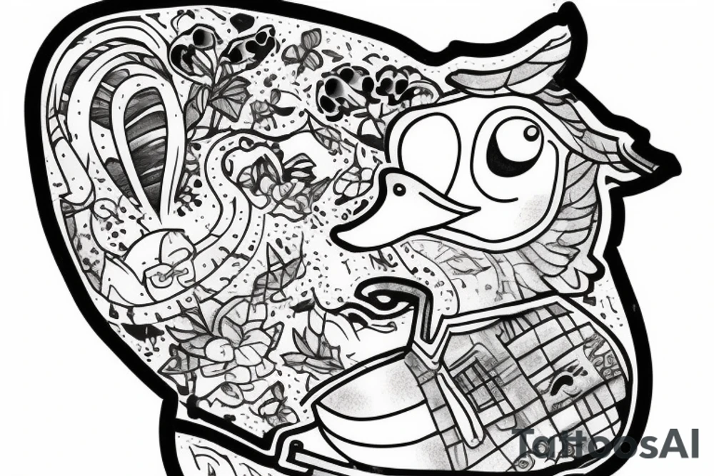 a patchwork duck walking in a puddle tattoo idea