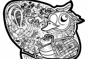 a patchwork duck walking in a puddle tattoo idea