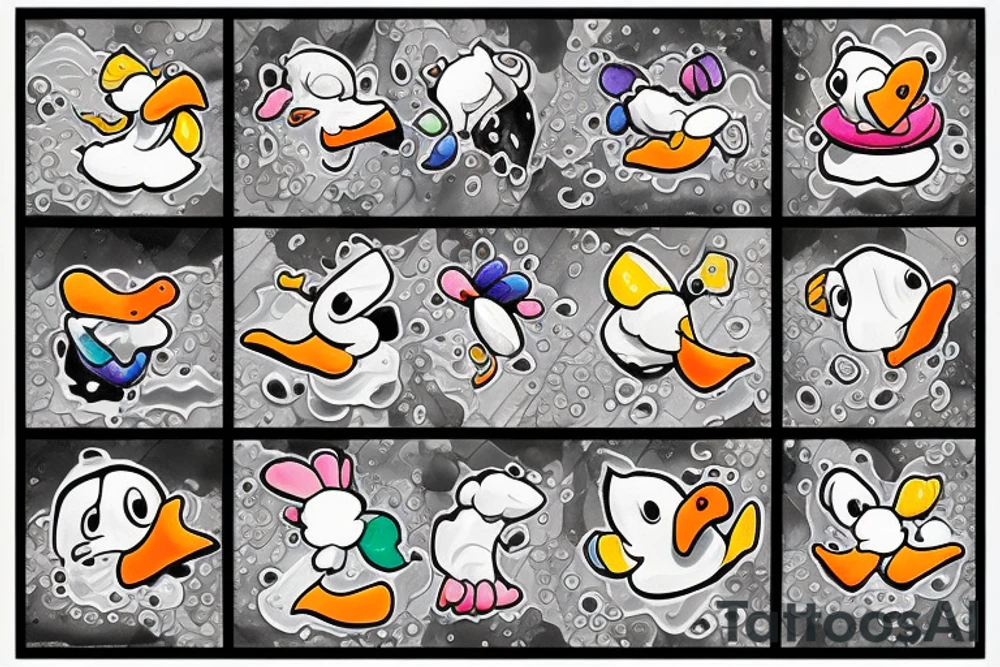 a patchwork duck walking in a puddle tattoo idea