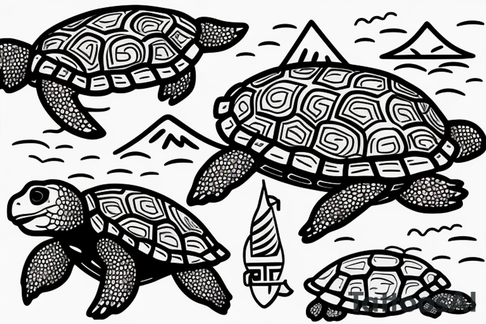 Turtle with water, mountains, and a boat with a fisherman tattoo idea