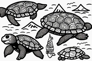 Turtle with water, mountains, and a boat with a fisherman tattoo idea