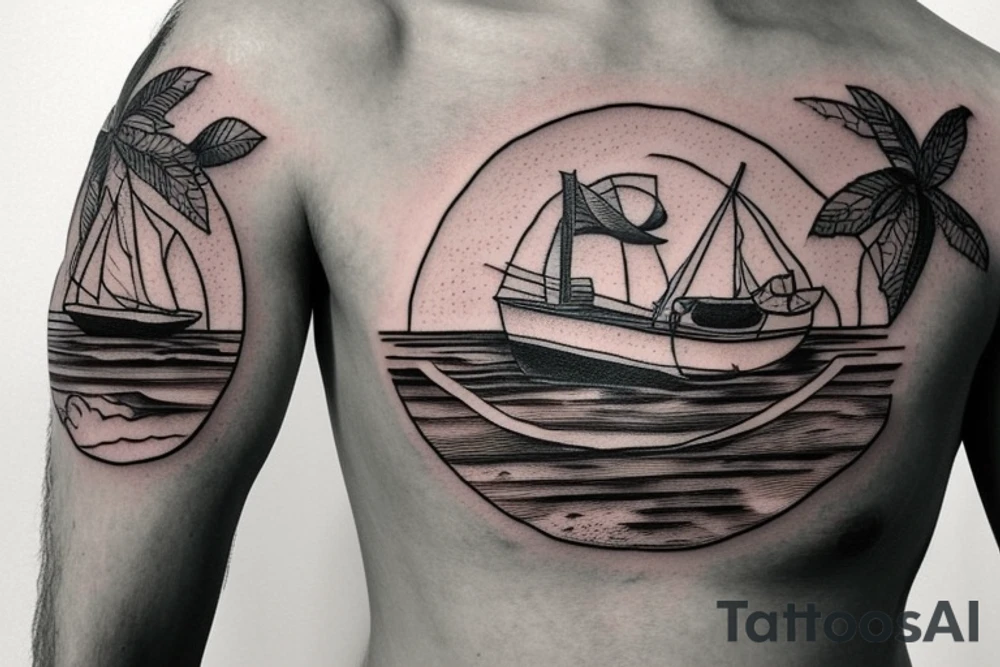 Turtle with water, mountains, and a boat with a fisherman tattoo idea