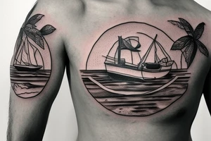 Turtle with water, mountains, and a boat with a fisherman tattoo idea