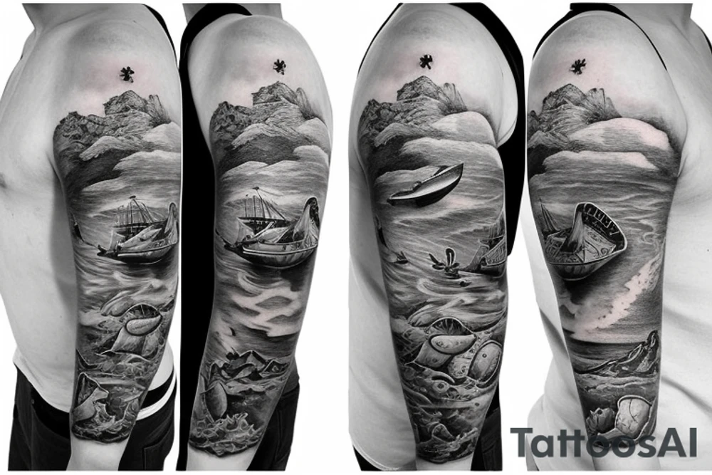Sleeve tattoo with a Turtle in water, mountains, and a boat with a fisherman tattoo idea