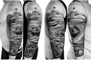 Sleeve tattoo with a Turtle in water, mountains, and a boat with a fisherman tattoo idea