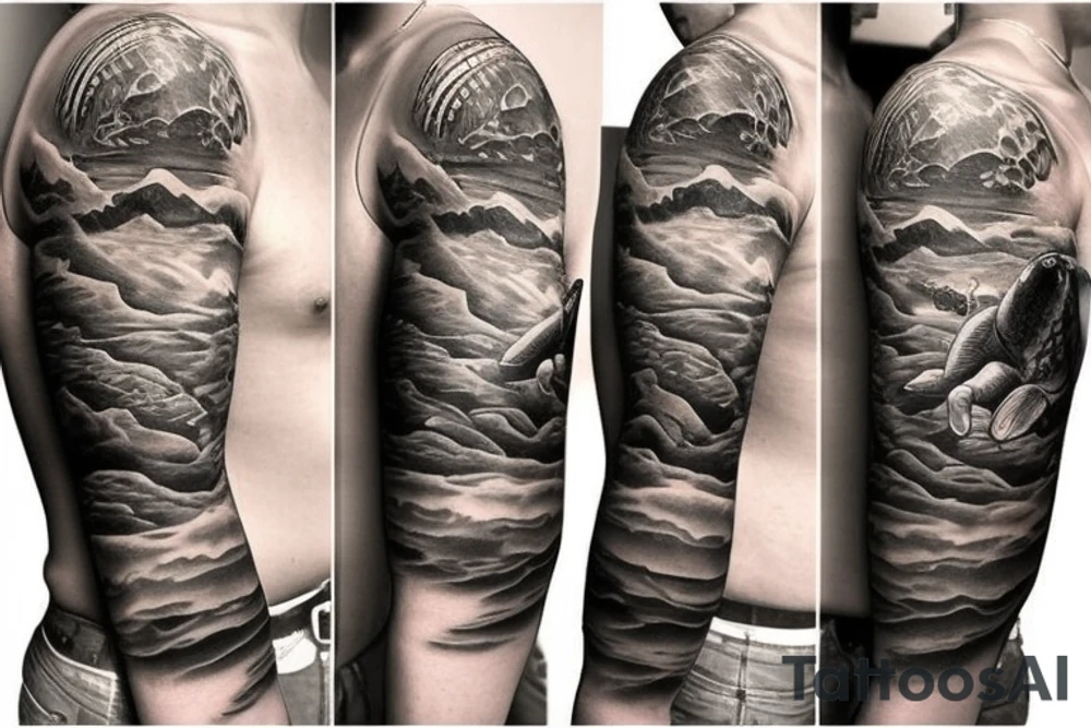 Sleeve tattoo with a Turtle in water, mountains, and a boat with a fisherman tattoo idea