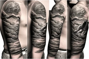 Sleeve tattoo with a Turtle in water, mountains, and a boat with a fisherman tattoo idea