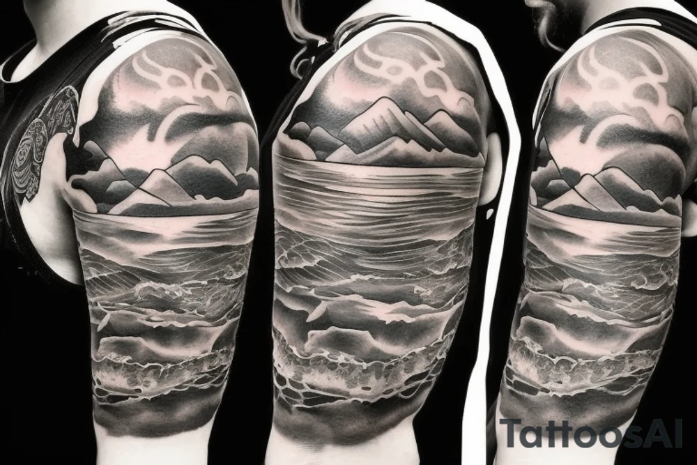 Sleeve tattoo with a Turtle in water, with mountains, and a fisherman tattoo idea
