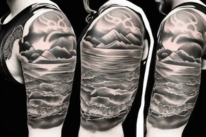 Sleeve tattoo with a Turtle in water, with mountains, and a fisherman tattoo idea