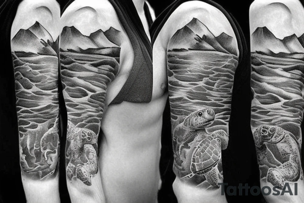 Sleeve tattoo with a Turtle in water, with mountains, and a fisherman tattoo idea