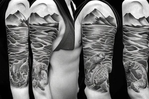 Sleeve tattoo with a Turtle in water, with mountains, and a fisherman tattoo idea