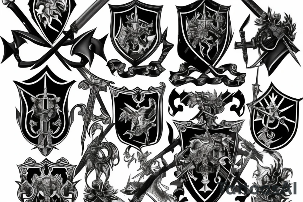 Family crest with swords and battle scenes tattoo idea Family crest with swords and battle scenes tattoo idea