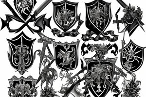 Family crest with swords and battle scenes tattoo idea