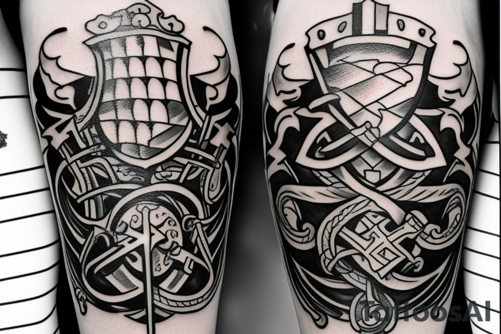 Family crest with swords and battle scenes tattoo idea Family crest with swords and battle scenes tattoo idea