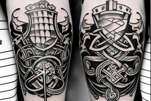 Family crest with swords and battle scenes tattoo idea