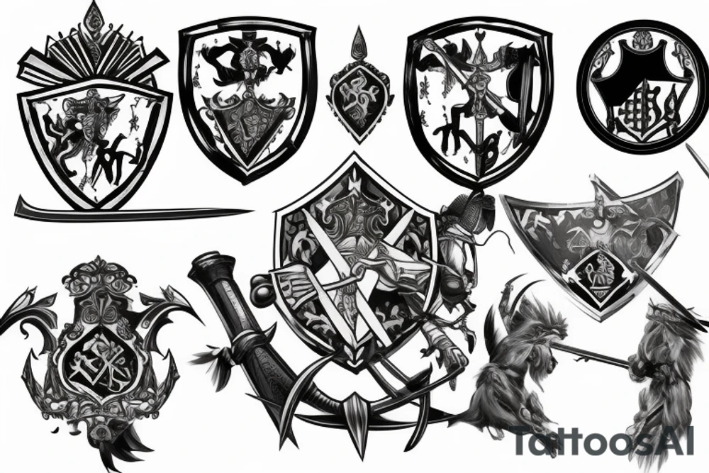 Family crest with swords and battle scenes tattoo idea