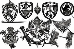 Family crest with swords and battle scenes tattoo idea