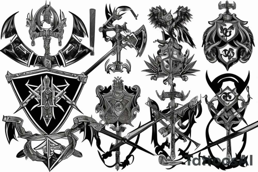 Family crest with swords and battle scenes tattoo idea
