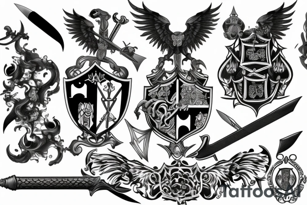 Full back tattoo with Family crest with swords and battle scenes tattoo idea