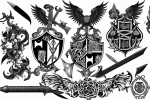 Full back tattoo with Family crest with swords and battle scenes tattoo idea