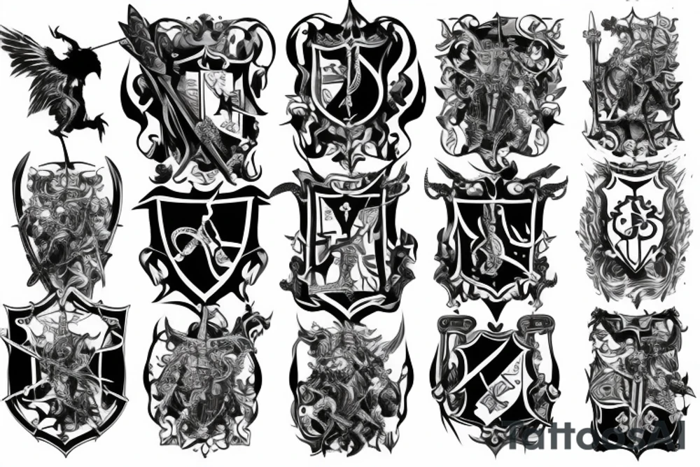 Full back tattoo with Family crest with swords and battle scenes tattoo idea