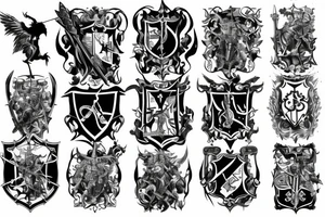 Full back tattoo with Family crest with swords and battle scenes tattoo idea