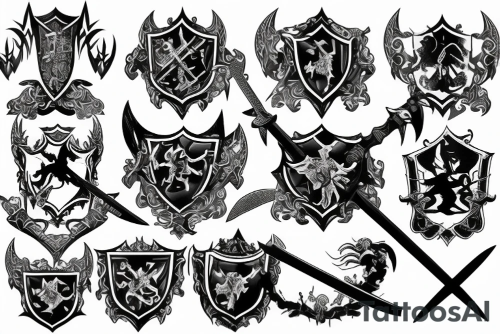 Full back tattoo with Family crest with swords and battle scenes tattoo idea