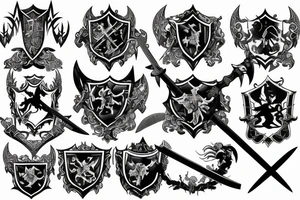 Full back tattoo with Family crest with swords and battle scenes tattoo idea
