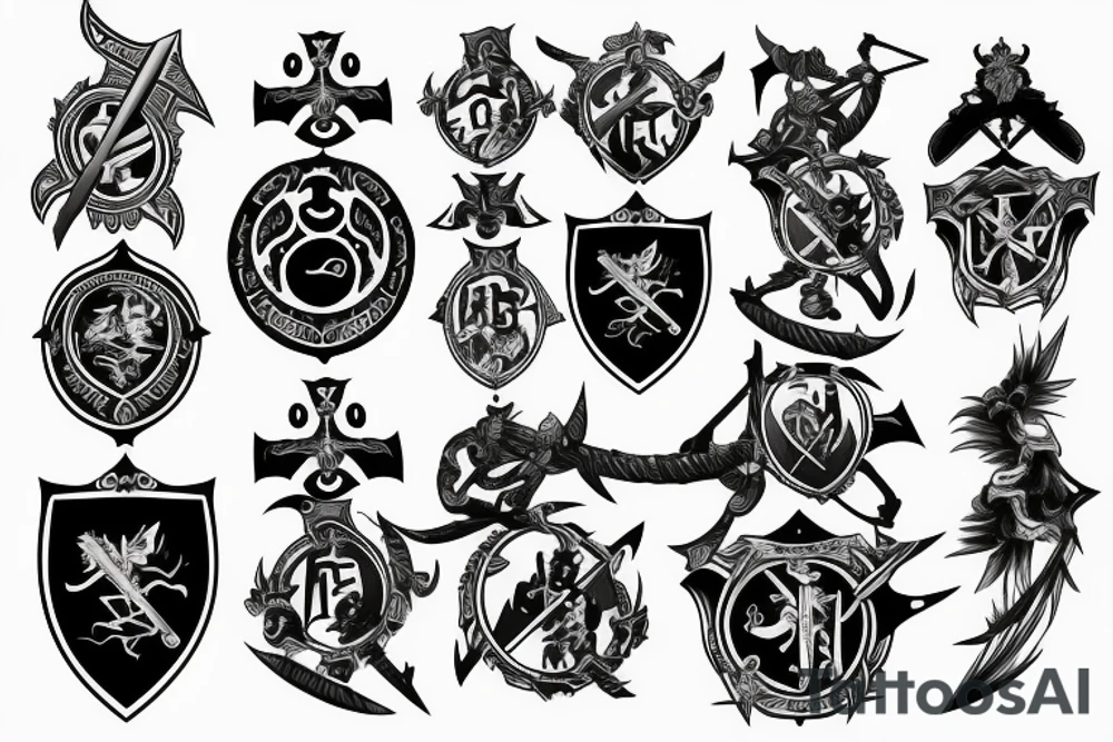 Full back tattoo with Family crest with swords and battle scenes tattoo idea