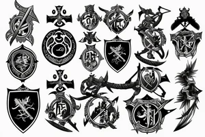 Full back tattoo with Family crest with swords and battle scenes tattoo idea
