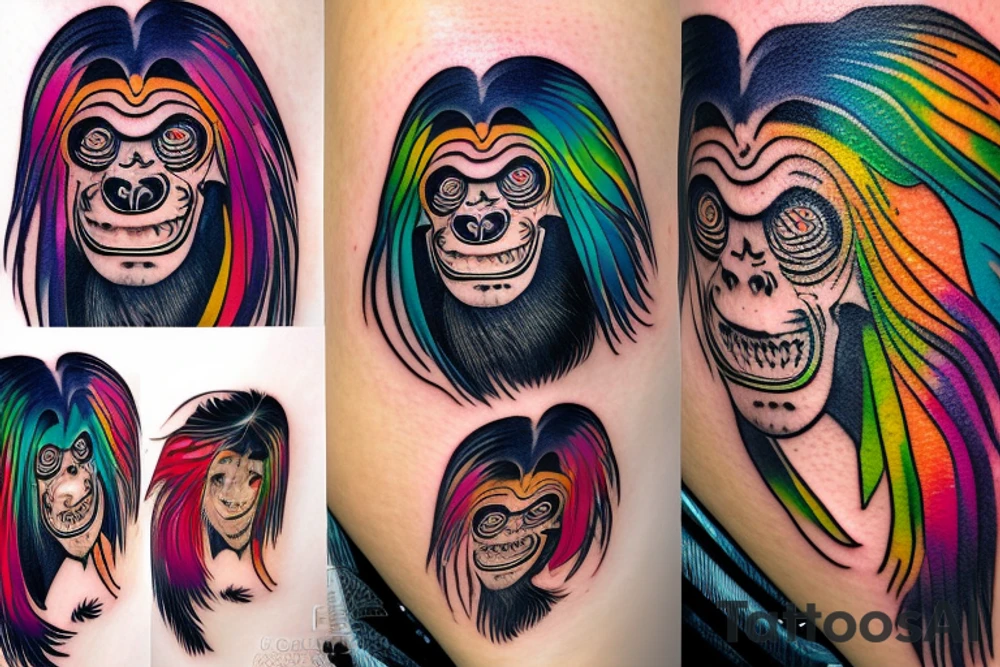 Black orangutan with rainbow hair smiling while turning away tattoo idea