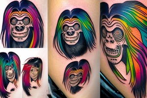 Black orangutan with rainbow hair smiling while turning away tattoo idea