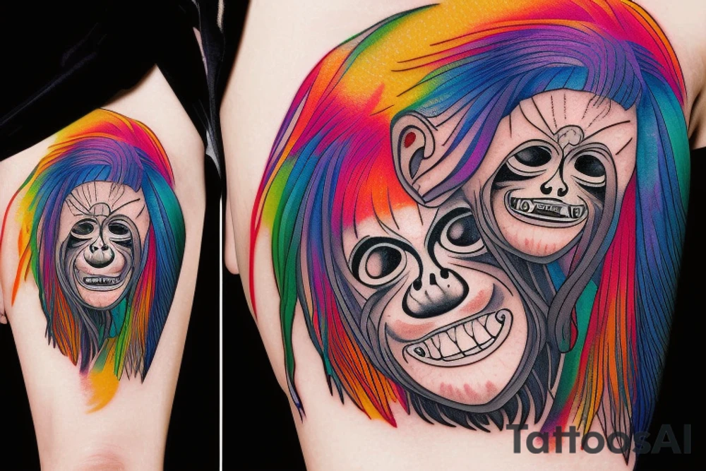 Black orangutan with rainbow hair smiling while turning away tattoo idea