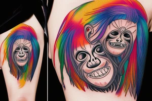 Black orangutan with rainbow hair smiling while turning away tattoo idea