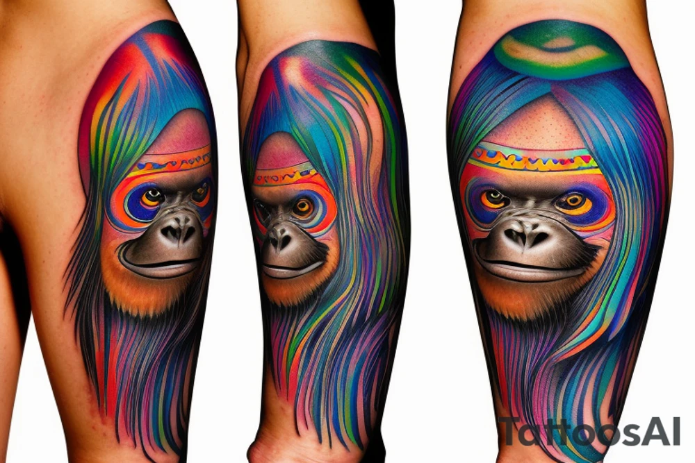 Black orangutan with rainbow hair smiling while turning away tattoo idea